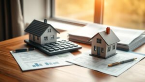 Illustration calcul pret immobilier calculatrice dossier maison concept financier