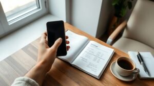 Personne tenant un smartphone près d’un carnet de budget sur une table en bois, lumière naturelle douce