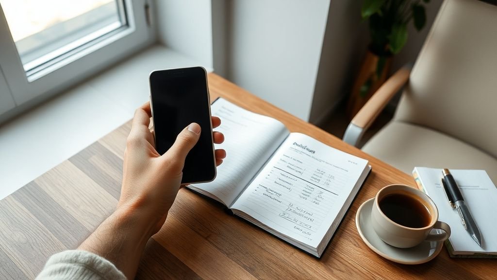 Personne tenant un smartphone près d’un carnet de budget sur une table en bois, lumière naturelle douce
