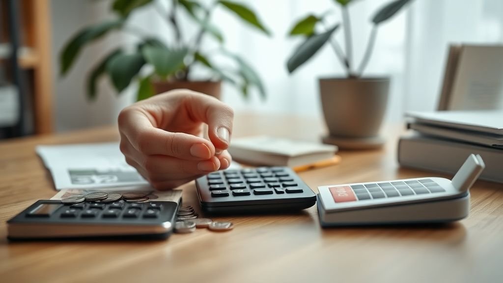 Mains disposant des pièces et un calculateur sur un bureau en bois, ambiance naturelle et sobre