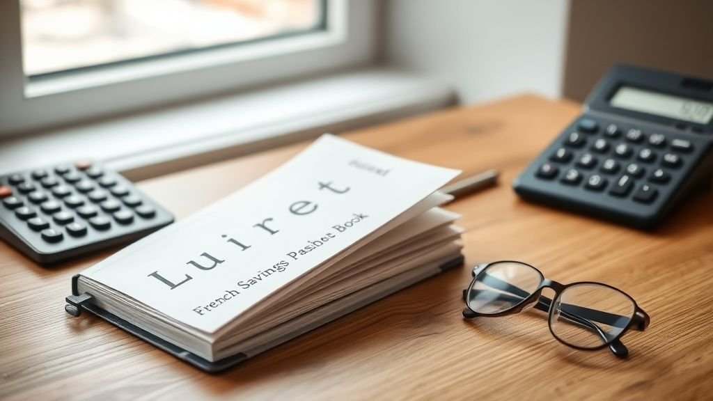 Livret bancaire sur un bureau avec calculatrice et lunettes
