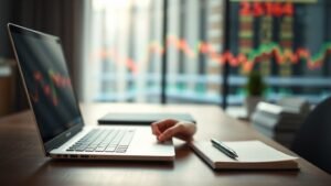 Image éditoriale d’un bureau sobre illustrant la volatilité boursière et la discipline d’investissement