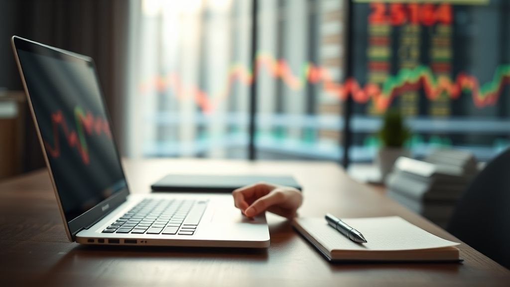 Image éditoriale d’un bureau sobre illustrant la volatilité boursière et la discipline d’investissement