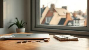 Bureau sobre avec pièces et carnet, évoquant l’investissement en actions européennes sous lumière naturelle