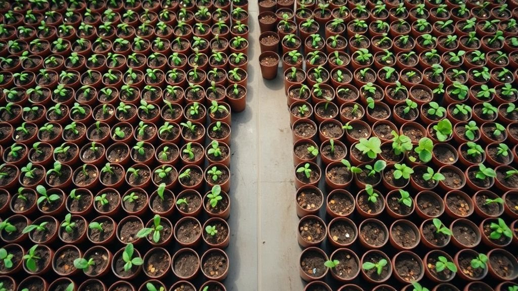 Alignement de jeunes plants illustrant la diversification large face à un petit groupe plus concentré