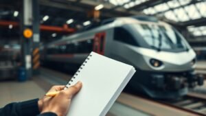 Mains d’un analyste devant un environnement ferroviaire industriel, illustrant l’action Alstom en Bourse