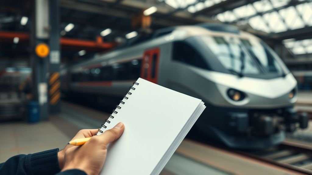Mains d’un analyste devant un environnement ferroviaire industriel, illustrant l’action Alstom en Bourse