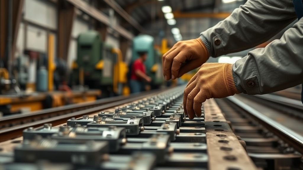 Mains inspectant des pièces métalliques sur un établi industriel, en lien avec le secteur ferroviaire