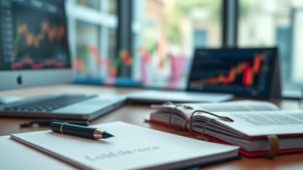 Bureau financier sobre avec carnet et stylo, ambiance d’analyse boursière en lumière naturelle