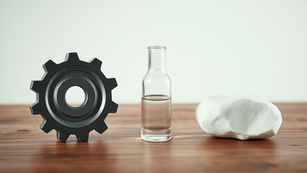 Trois objets symbolisant des actions défensives et industrielles sur une table en bois, sous lumière naturelle