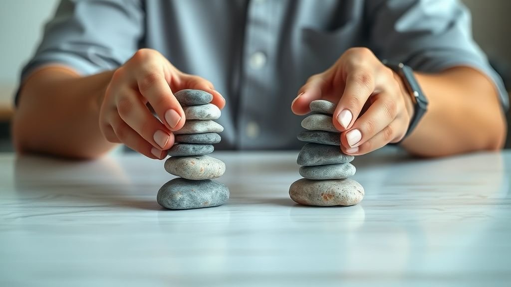 Mains équilibrant deux piles de pierres sur une table, illustration sobre du rééquilibrage d’épargne