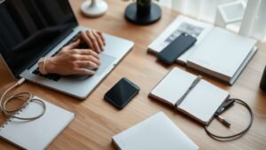Mains devant un ordinateur et un portefeuille matériel pour gérer des cryptomonnaies sous lumière naturelle
