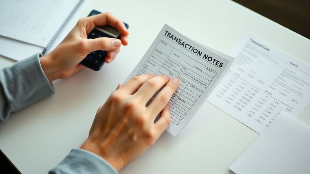 Mains vérifiant des opérations financières avec une calculatrice et un portefeuille matériel sur une table