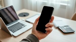 Bureau moderne avec calculatrice, carnet et main tenant un smartphone dans une ambiance de courtage en ligne