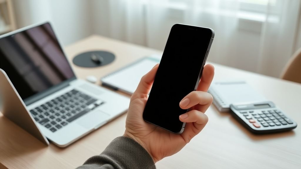 Bureau moderne avec calculatrice, carnet et main tenant un smartphone dans une ambiance de courtage en ligne