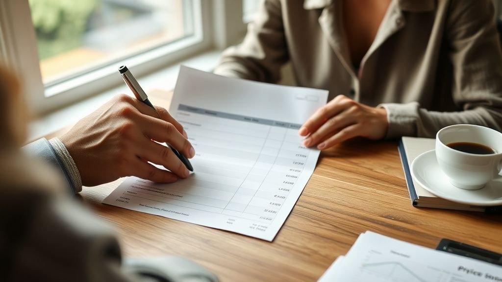 Personne examinant des frais sur une table en bois avec stylo et lumière naturelle