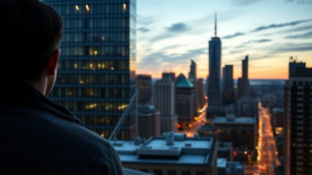 Vue d’un quartier d’affaires au crépuscule avec une personne observant la ville, ambiance de baisse des marchés