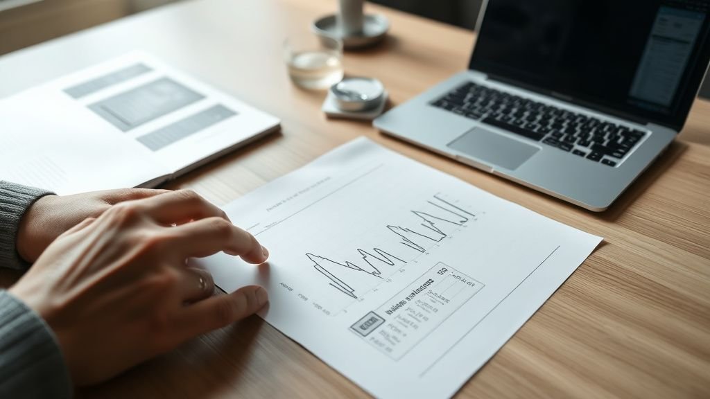 Mains traçant des niveaux sur une feuille blanche dans une ambiance de travail financier, sans texte visible