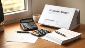 Bureau sobre avec calculatrice et documents vierges pour illustrer le calcul de l’économie d’impôt PER
