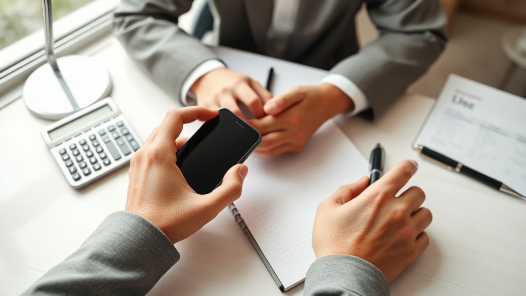 Mains tenant un smartphone près d’un carnet et d’une calculatrice dans un décor financier sobre