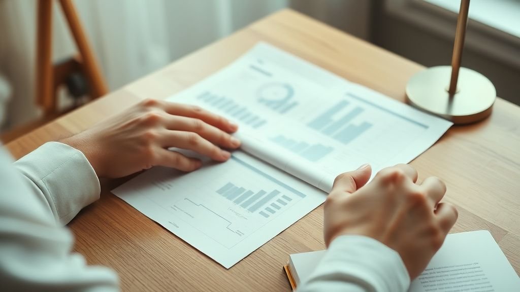 Personne consultant des notes financières sur une table en bois sous lumière naturelle