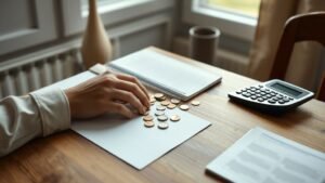 Mains préparant un budget d’investissement mensuel sur une table en bois, lumière naturelle et ambiance sobre
