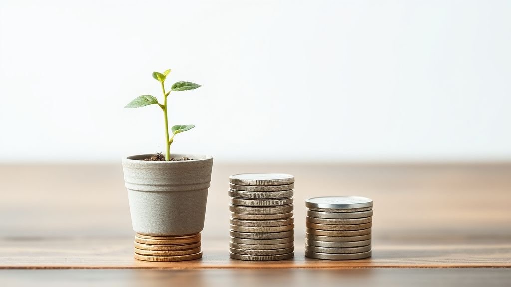 Jeune plante à côté de pièces empilées sur une surface en bois, symbole d’investissement long terme