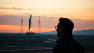 Silhouette d’un investisseur face à une base de lancement spatial au crépuscule, illustration de l’IPO SpaceX