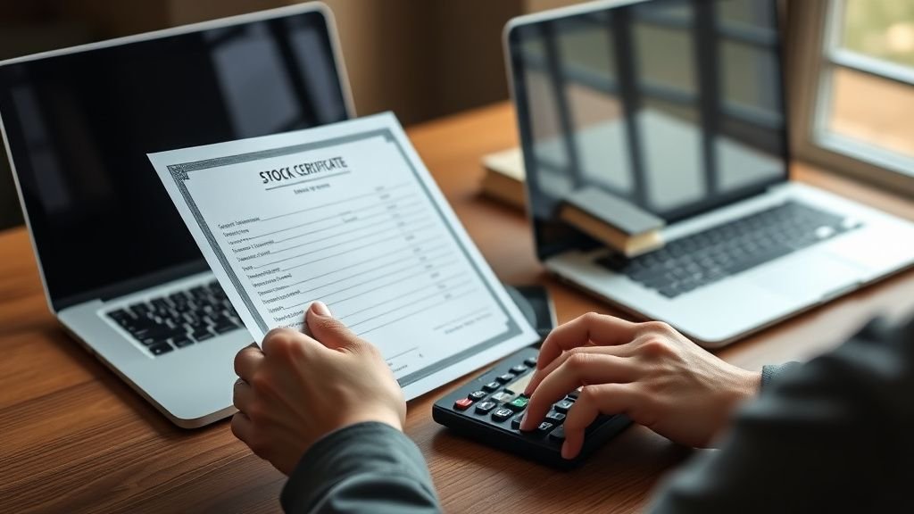 Mains près d’une calculatrice sur un bureau en bois, scène sobre illustrant la décision d’investir en Bourse