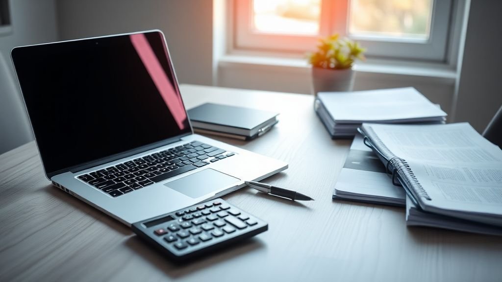 Bureau moderne avec calculatrice et dossiers financiers sous lumière naturelle