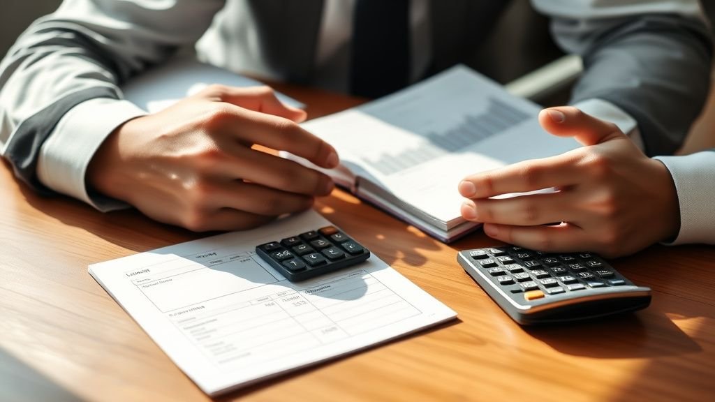 Mains comparant des notes d’investissement et une calculatrice sur une table en bois