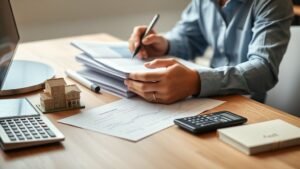 Mains examinant des dossiers d’investissement immobilier avec une maquette d’immeuble sur une table