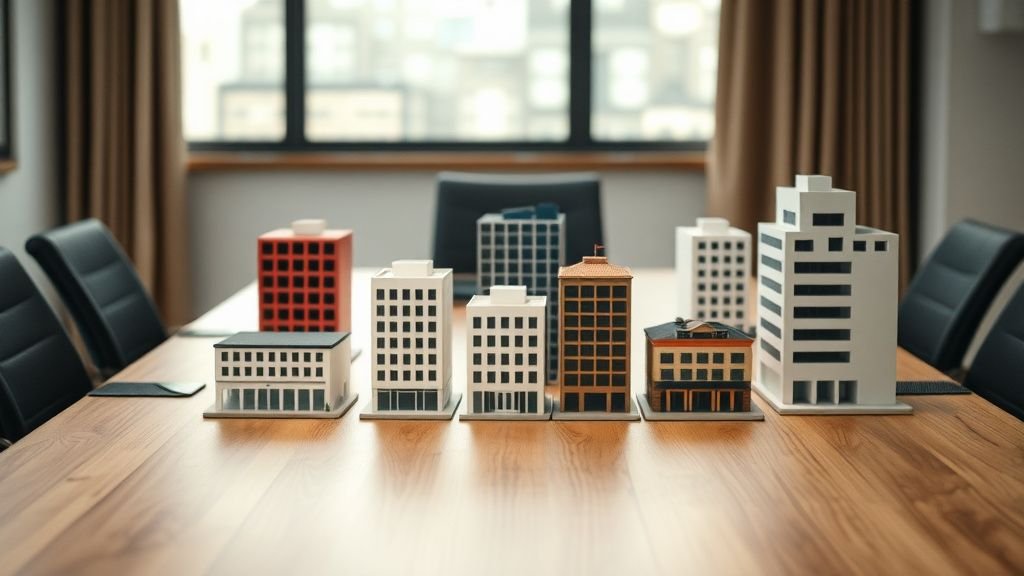 Maquettes d’immeubles de styles différents disposées sur une table sous lumière naturelle