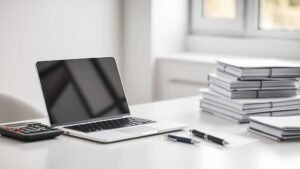 Bureau sobre avec calculatrice et dossiers neutres pour illustrer Placement Direct Patrimoine