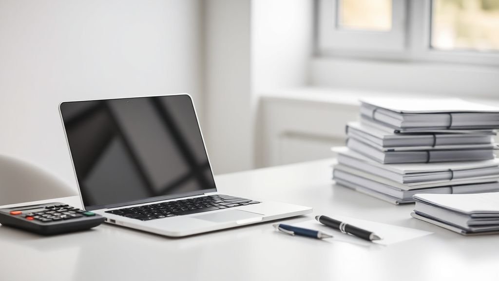 Bureau sobre avec calculatrice et dossiers neutres pour illustrer Placement Direct Patrimoine