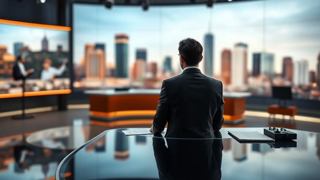 Studio télévisé sobre avec un présentateur face à un décor financier flou, ambiance d’émission boursière