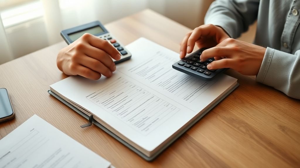 Mains consultant un carnet et une calculatrice sur une table en bois, lumière naturelle et ambiance financière