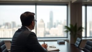 Dirigeant de société de gestion observant un paysage urbain depuis un bureau lumineux