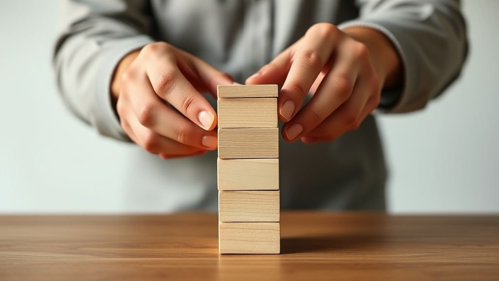 Mains empilant des blocs en bois pour illustrer l’équilibre du risque et de l’investissement