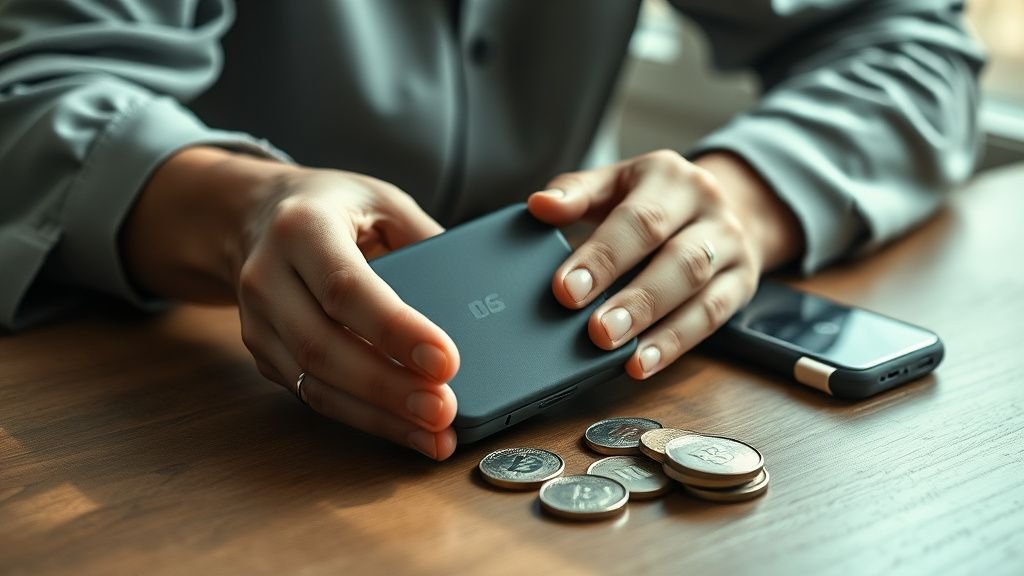 Mains tenant des jetons génériques près d’un objet de stockage crypto sur une table en bois