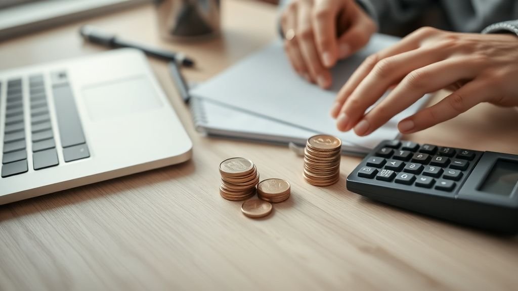 Mains comparant deux piles de pièces génériques sur un bureau avec calculatrice