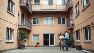 Gestionnaire de copropriété discutant avec des résidents dans la cour d’un immeuble en lumière naturelle
