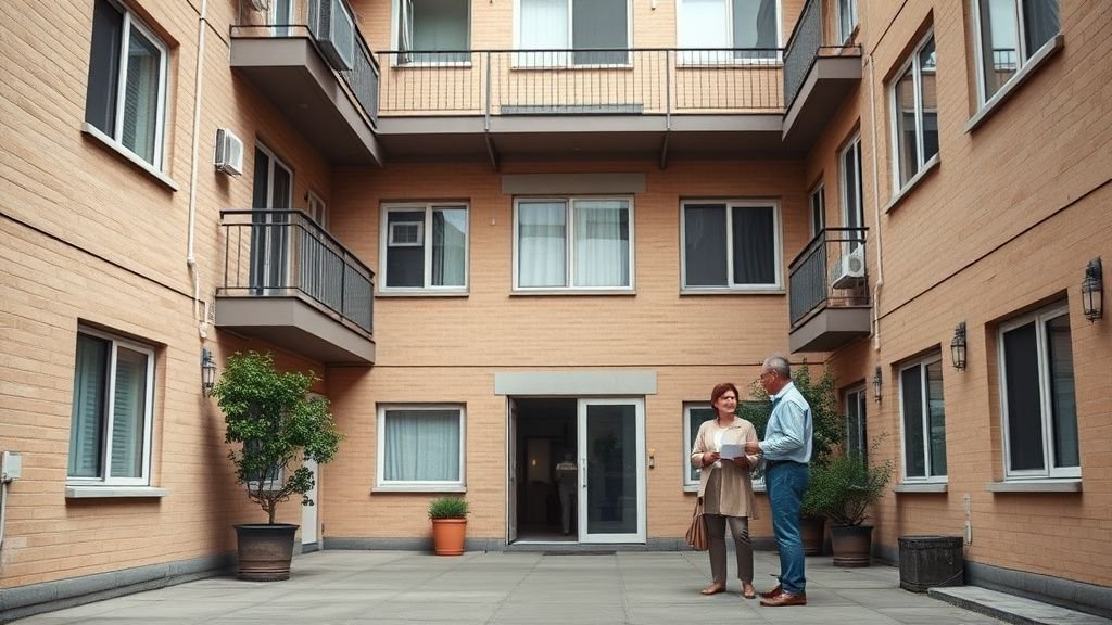 Gestionnaire de copropriété discutant avec des résidents dans la cour d’un immeuble en lumière naturelle