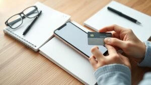 Mains consultant une application de courtage sur smartphone dans une ambiance de bureau lumineuse