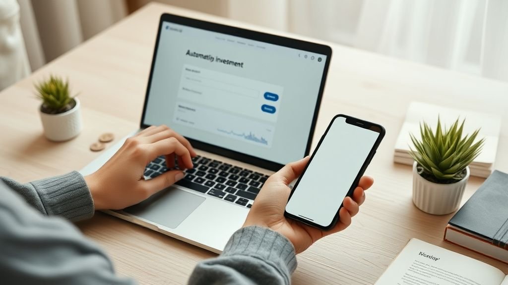 Mains configurant un investissement programmé mensuel sur un bureau minimaliste sous lumière naturelle