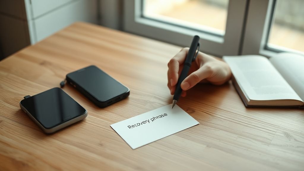 Wallet crypto matériel posé sur un bureau avec des mains préparant une sauvegarde sous lumière naturelle