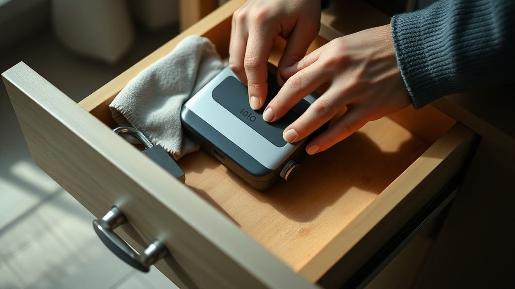 Mains rangeant un wallet crypto matériel dans un tiroir avec un cadenas, en lumière naturelle