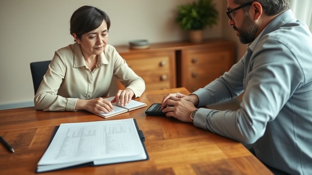 Deux personnes discutant d’un accompagnement patrimonial autour d’une table avec carnet et calculatrice