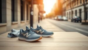 Chaussures de sport génériques sur une table en bois, illustrant l’action Nike en Bourse