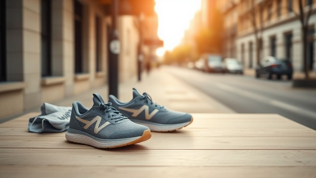 Chaussures de sport génériques sur une table en bois, illustrant l’action Nike en Bourse